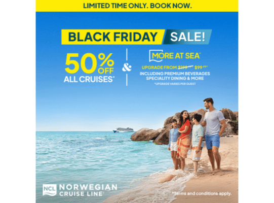 NCL Black Friday 50% + discount on free at sea