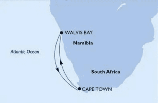 2D map of the 4 Nights cruises to Walvis Bay from Cape Town harbour, MSC Sinfonia one of MSC Cruises oldest vessel (with fewer passengers than the new vessels). She will take you on a holiday of a life time